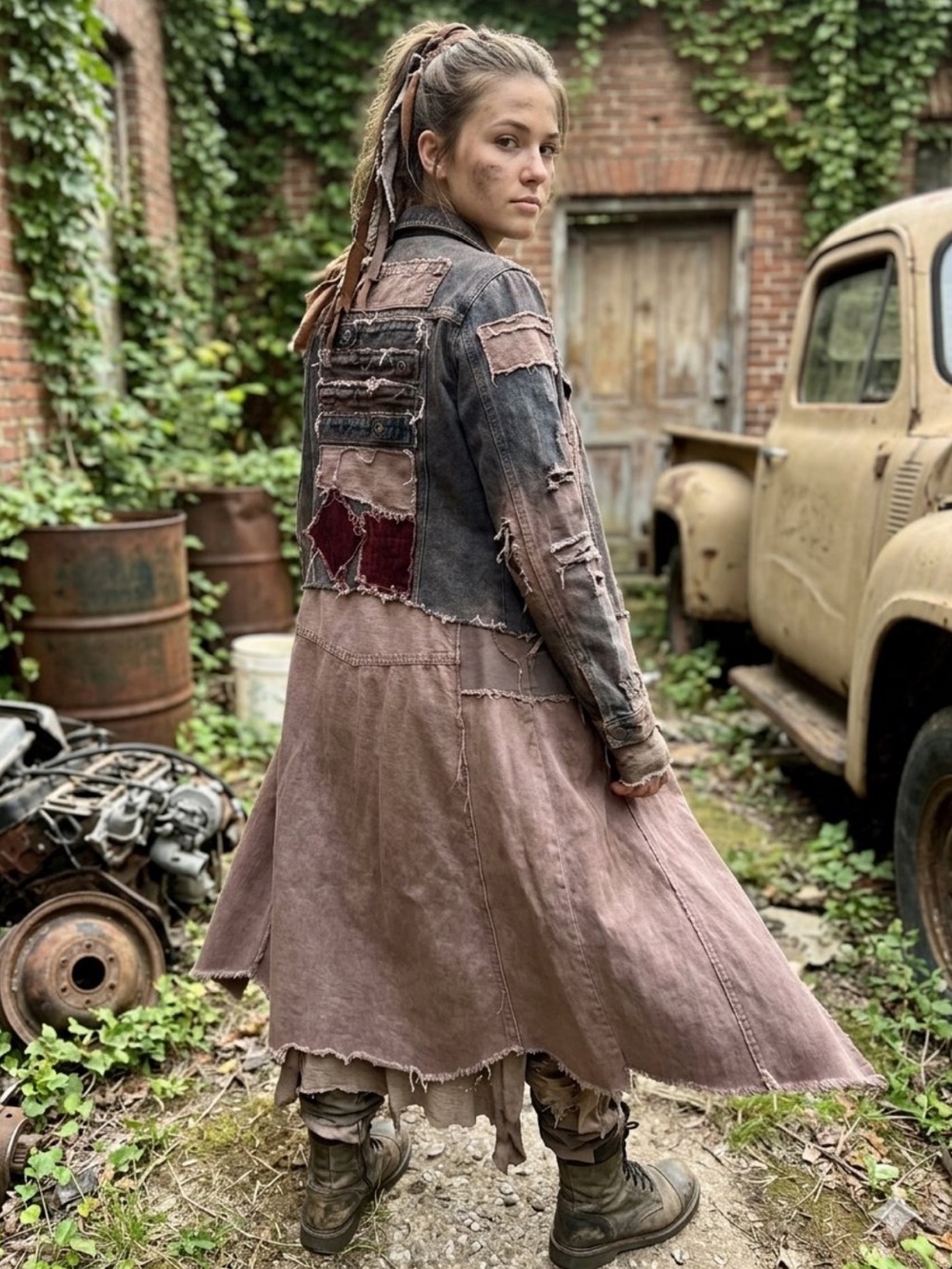 Upcycled post apocalyptic zombie apocalypse tattered patched denim jean jacket